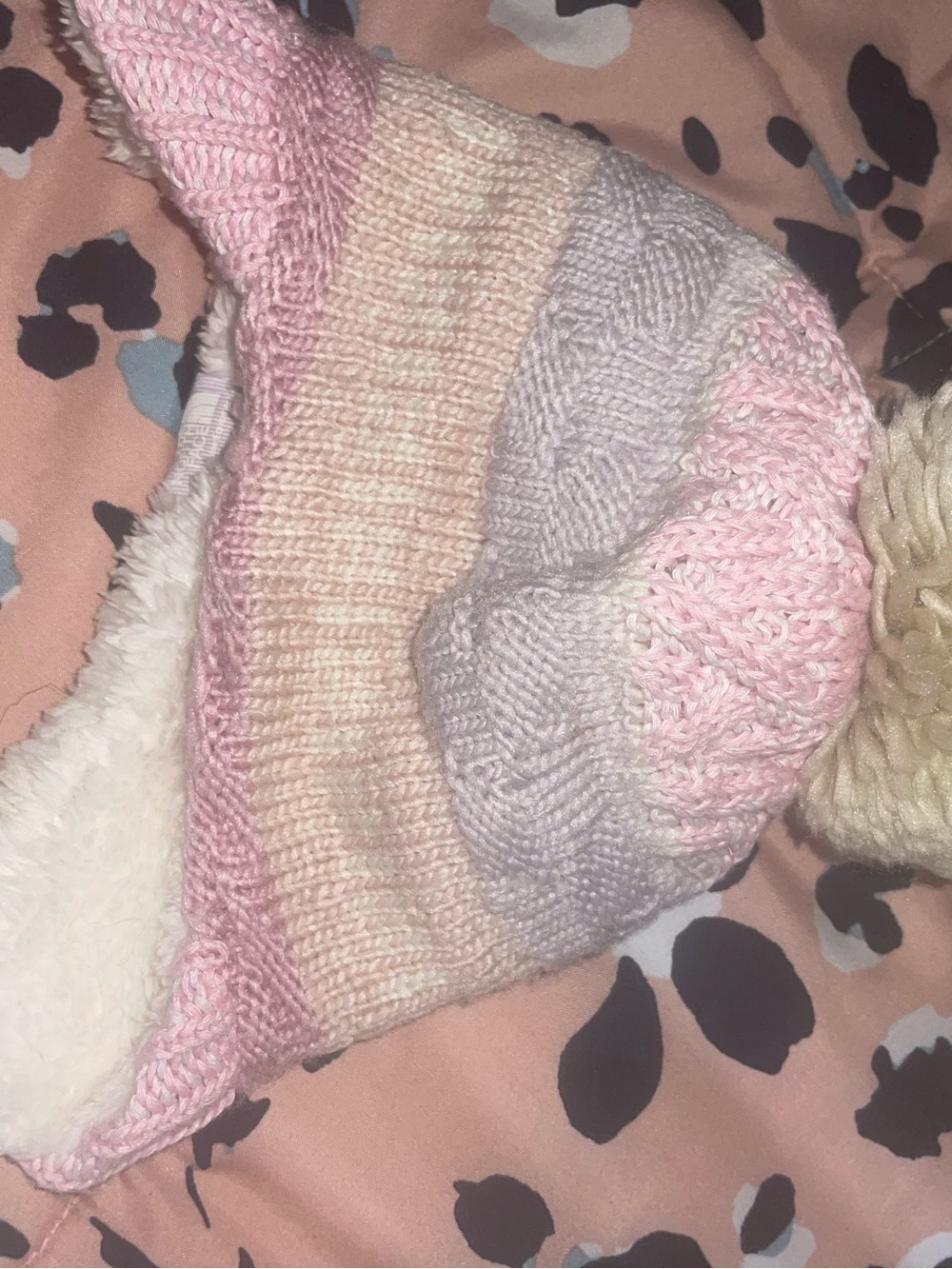 Cozy Striped Knit infant North Face in Pastel Pink and Cream Hat
